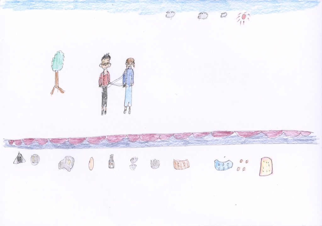 青空と木と藤原さんが私の肩を支えて手助けしてくれてるシーンとパーティと食パンとミートボールと目玉焼きと肉豆腐と空豆と栗とおにぎりと肉まんと焼売と納豆とハッピーターン