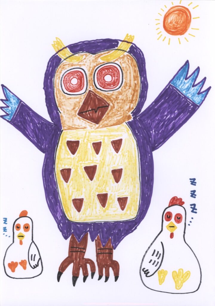 はやおきフクロウ　ねぼすけニワトリ