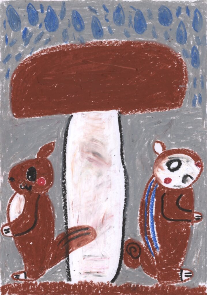キノコの下でリス雨やどり